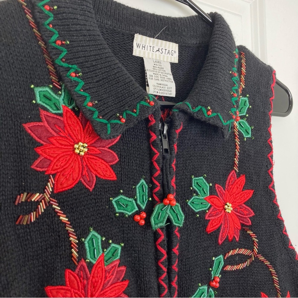 VTG Knit Embroidered Christmas Winter Zip Up Beaded Black Sweater Vest Medium - Picture 2 of 6